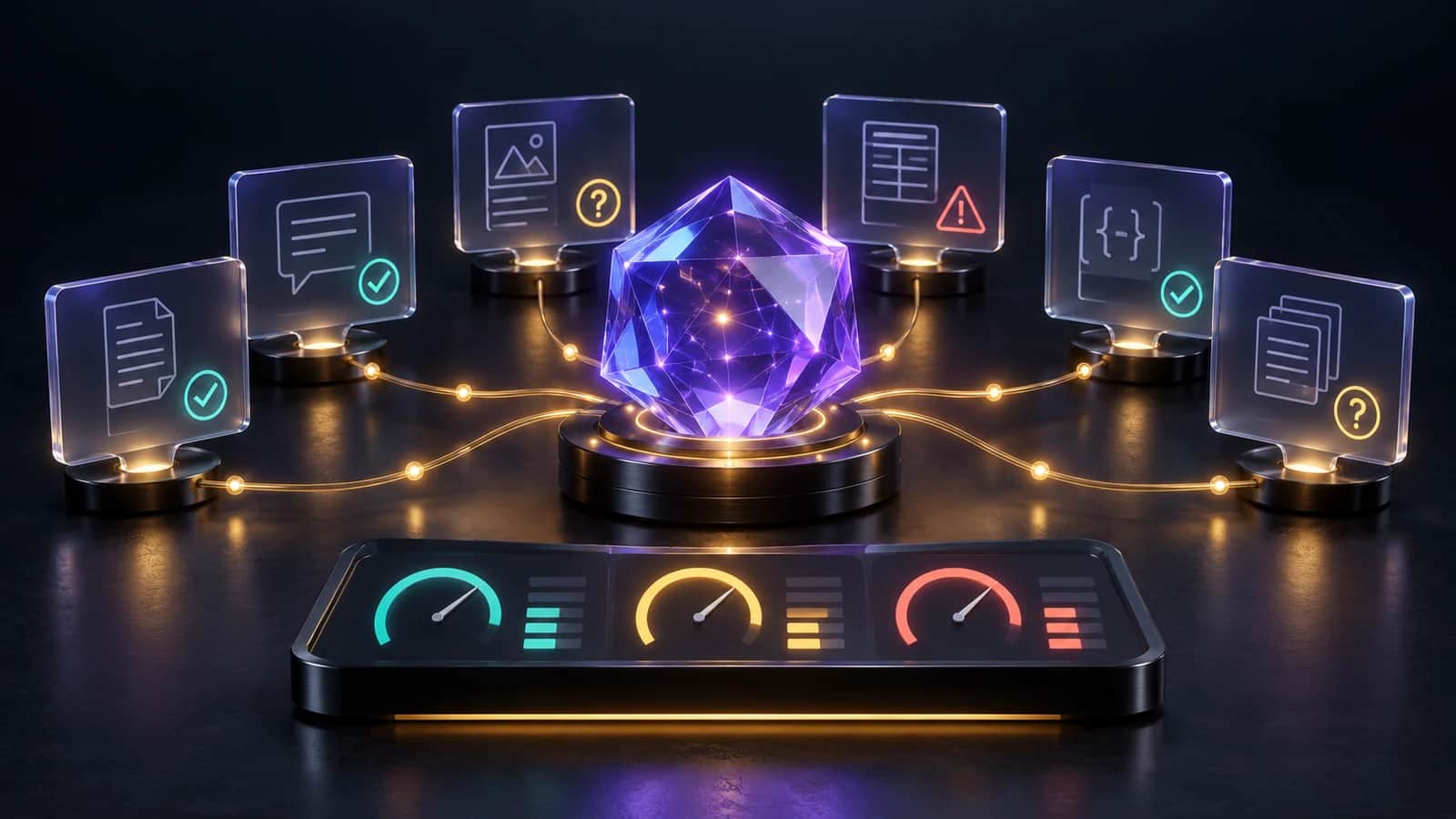 Núcleo de IA conectado a casos de teste com aprovações, dúvidas e alertas, acompanhado por indicadores de avaliação